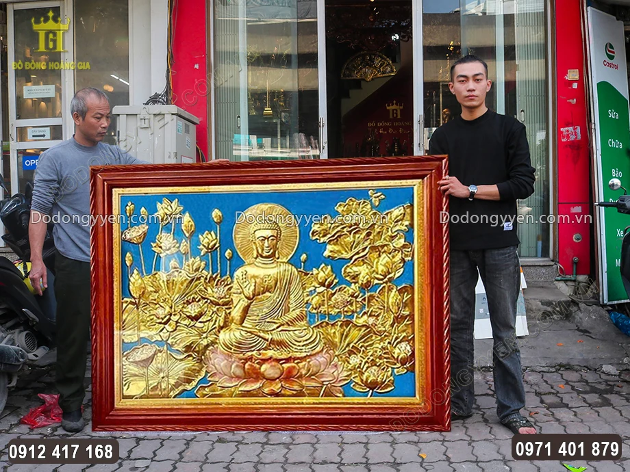 Tranh Đồng Đức Phật Tọa Hồ Sen D&aacute;t V&agrave;ng 9999